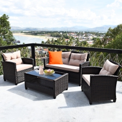 COSTWAY 4PCs Outdoor Rattan Furniture Set Cushioned Sofa Armrest Table