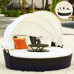 COSTWAY Round Patio Rattan Daybed Sofa Adjustable Table Top With Canopy&3 Pillows