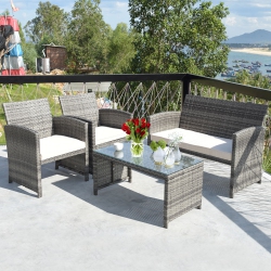 COSTWAY 4PCs Patio Rattan Conversation Set Rattan Wicker Cushioned Sofa Glass Table Top