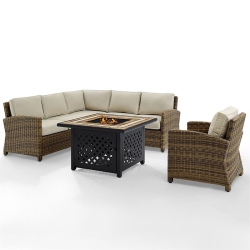 CROSLEY FURNITURE Bradenton 5 Piece Patio Fire Pit Sectional Set In And Sand In Brown