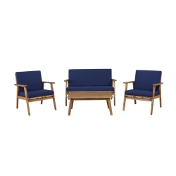 LINON HOME DECOR Linon Cooper Mid-Century Style Luxury Acadia Wood (Walnut Finish) Outdoor Chat Set (Two Chairs, Sofa & Coffee Table) In In Blue