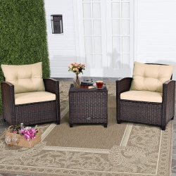 COSTWAY 3PCs Patio Rattan Furniture Set Cushioned Conversation Set Sofa