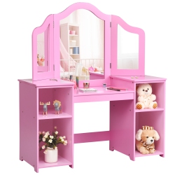 COSTWAY Vanity Table Set Makeup Dressing Kids Girls Study Table Tri Folding Mirror
