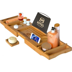 ROYAL CRAFT WOOD Luxury Bathtub Caddy Tray, One Or Two Person Bath And Bed Tray, Bonus Free Soap Holder (Natural Bamboo Color)