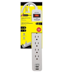 ELINK El458 - 6-Outlet Surge Protector With 2 USB 2.4A Ports, 300 Joules In White