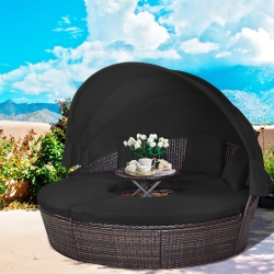 GYMAX Cushioned Patio Rattan Round Daybed W/ Adjustable Table 3 Pillows In Black