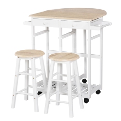 HOMCOM 3 Piece Kitchen Cart Set Drop Leaf Breakfast Table And 2 Stools With Rolling Wheels for Living Room Dorm Apartment