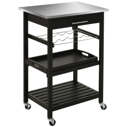 HOMCOM 3-Tier Kitchen Rolling Serving Cart With Open Shelves, Stainless Steel Top Pine Kitchen Island In Black