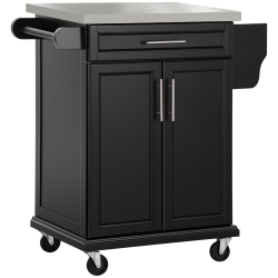 HOMCOM Kitchen Island With Stainless Steel Top, Rolling Kitchen Cart On Wheels With Storage Drawer, Cabinet, Towel Rack And Spice Rack In Black