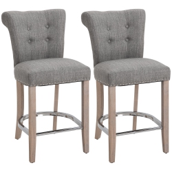 HOMCOM Counter Height Bar Stools Set Of 2, Upholstered Bar Chairs \w Button Tufted Back, Wood Legs, Footrest, Modern Nailhead Trim Barstools For
