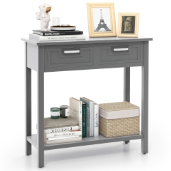 GYMAX Narrow Console Table With Drawers Retro Accent Sofa Table W/ Open Storage In Grey