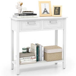 GYMAX Narrow Console Table With Drawers Retro Accent Sofa Table W/ Open Storage In White