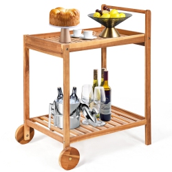 GYMAX 2-Tier Acacia Rolling Kitchen Trolley Cart Dining Serving Cart Outdoor W/ Wheels