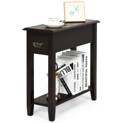 GYMAX 2 Tier End Bedside Sofa Side Table Narrow Nightstand W/drawer &shelf Espresso