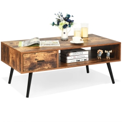 GYMAX Retro Coffee Table Mid Century Modern Living Room Furniture W/open Storage Shelf
