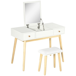 HOMCOM Makeup Vanity Desk With Flip Top Mirror And Cushioned Stool, Dressing Table Writing Desk With 2 Drawers And Storage Grids for Bedroom (White)