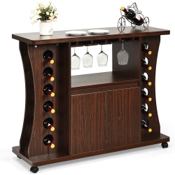 GYMAX Rolling Buffet Sideboard Wooden Bar Storage Cabinet W/ Wine Rack & Glass Holder
