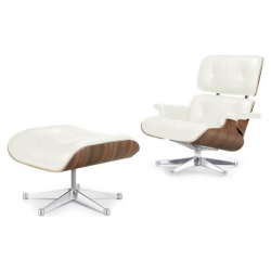 NICER INTERIOR Eames Lounge Chair And Ottoman 100% Italian Genuine Full Grain Leather With Oak Wood Finish In White