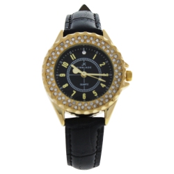 KIM & JADE 2033L-GBlbl Gold/black Leather Strap Watch By for Women - 1 PC Watch In Multicolor