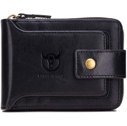 CLASSIER Bullcaptain Genuine Leather Rfid Wallet for Men Large Capacity Id Window Card Case With Zip Coin Pocket Qb-231 - In Black