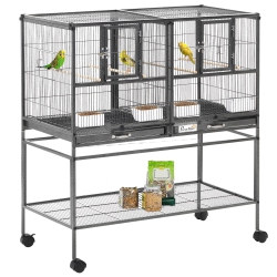 PAWHUT 40"h Divided Breeder Bird Cage With Rolling Stand Removable Metal Tray, Storage Shelf, Wood Perch, And Food Container, Dark In Grey