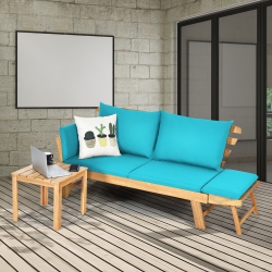 GYMAX Adjustable Patio Sofa Daybed Acacia Wood Furniture W/ Cushions In Turquoise