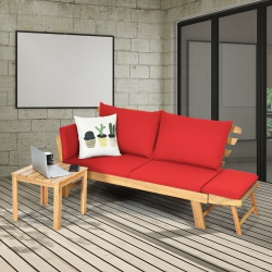 GYMAX Adjustable Patio Sofa Daybed Acacia Wood Furniture W/ Cushions In Red