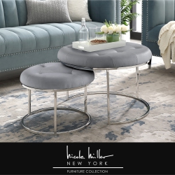NICOLE MILLER New York Veronica Leather Pu Cocktail Coffee Table Ottoman, Set Of 2, Grey/chrome