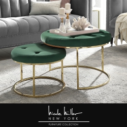NICOLE MILLER New York Veronica Velvet Cocktail Coffee Table Ottoman, Set Of 2, Green/chrome