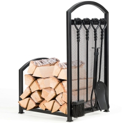COSTWAY Firewood Log Rack With 4 Tools Set Firewood Holders for Fireplace Indoor Outdoor