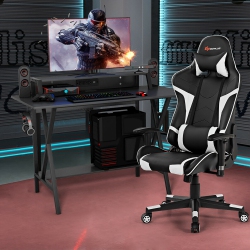 COSTWAY Goplus Gaming Computer Desk & Massage Gaming Chair Bundle Set W/monitor Shelf Power Strip