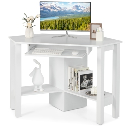 COSTWAY Wooden Corner Desk With Drawer Computer PC Table Study Office Room In White
