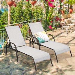 COSTWAY Set Of 2 Patio Lounge Chairs Sling Chaise Lounges Recliner Adjustable In Grey