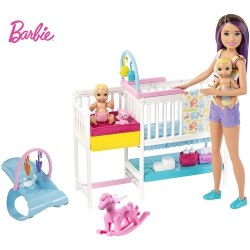 BARBIE Mattel Nursery Playset With Skipper Babysitters Doll, 2 Baby Dolls, Crib And 10+ Pieces Of Working Baby Gear & Themed Toys