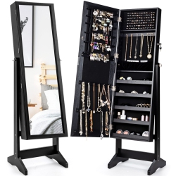 COSTWAY Jewelry Cabinet Stand Mirror Armoire Lockable Organizer Large Storage Box In Black