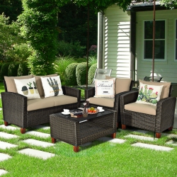 COSTWAY 4PCs Patio Rattan Furniture Set Solid Wood Leg Cushioned Sofa Garden Lawn