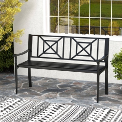 COSTWAY Patio Garden Bench Steel Frame Park Yard Outdoor Furniture Porch Chair In Black