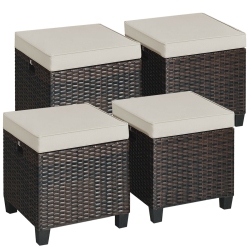 COSTWAY 4PCs Patio Rattan Ottoman Cushioned Seat Foot Rest Coffee Table