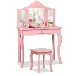 COSTWAY Vanity Table & Stool Princess Dressing Make Up Play Set for Girls In Pink