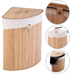 COSTWAY Corner Bamboo Hamper Laundry Basket Washing Cloth Bin Storage Bag Lid Natural