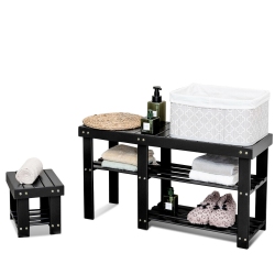 COSTWAY Bamboo Shoe Rack Bench With Stool Entryway 3 Tier Storage Organizer In Black