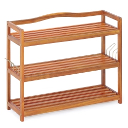 COSTWAY 3-Tier Wood Shoe Rack Solid Acacia Wood Shoe Shelf With Side Metal Hooks