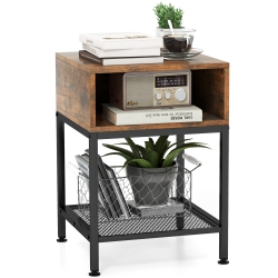 COSTWAY 16" 3-Tier Wood Top End Table W/ Metal Frame Storage Cube & Mesh Shelf Square