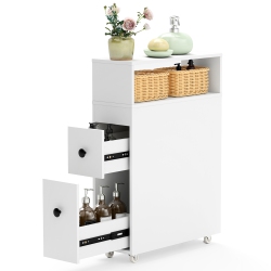 COSTWAY Movable Bathroom Storage Cabinet Narrow Toilet Side Paper Holder W/ 2 Drawers