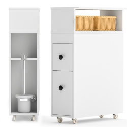 COSTWAY Movable Bathroom Storage Cabinet Narrow Toilet Side Paper Holder W/ 2 Drawers