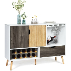COSTWAY Mid-Century Buffet Sideboard Wooden Storage Cabinet W/ Wine Rack & Glass Holder