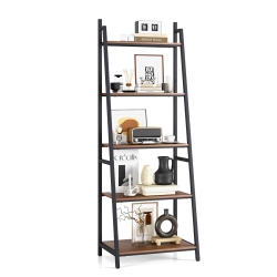 COSTWAY Industrial Ladder Shelf Rustic 5 Tier Leaning Bookshelf Wood Metal Bookcase