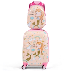 COSTWAY 2PC Kids Luggage Set 18" Rolling Suitcase & 12" Backpack Travel Abs Mermaid