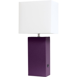 ALL THE RAGES CANADA Elegant Designs Leather Table Lamp W/ USB Port In Eggplant With Shade In White