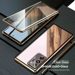 BRENDA 360° Front+Back Clear Tempered Glass Metal Magnetic Case Cover for Samsung Note 20 Ultra (Gold)
